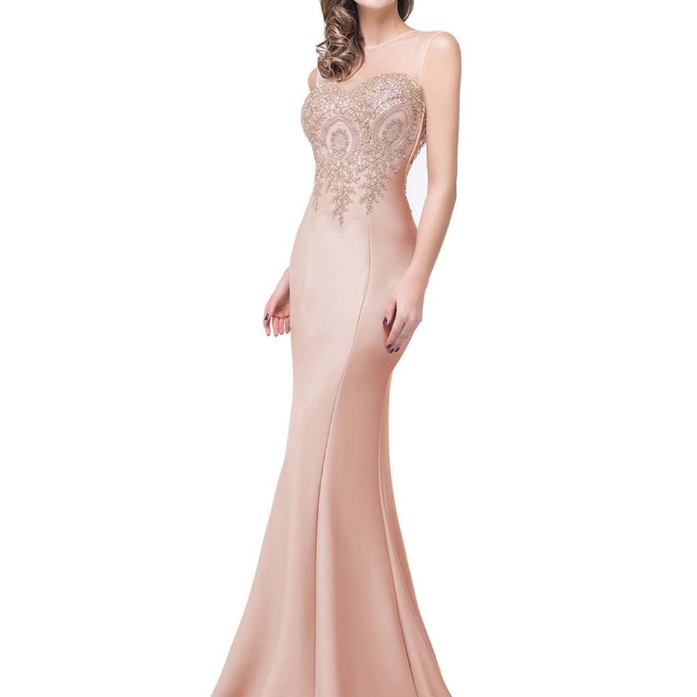 New Flower Embroidered Cut Out Back Mermaid Hem Bridesmaid Dress Baby Pink